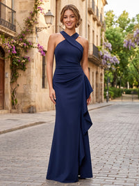 Satin Sheath/Column Halter Floor-Length Formal Dresses with Ruffles
