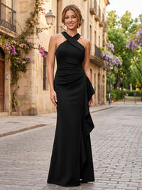 Satin Sheath/Column Halter Floor-Length Formal Dresses with Ruffles
