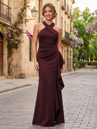 Satin Sheath/Column Halter Floor-Length Formal Dresses with Ruffles