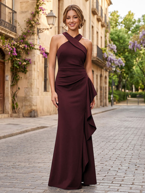 Satin Sheath/Column Halter Floor-Length Formal Dresses with Ruffles