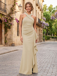 Satin Sheath/Column Halter Floor-Length Formal Dresses with Ruffles