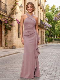 Satin Sheath/Column Halter Floor-Length Formal Dresses with Ruffles