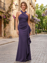 Satin Sheath/Column Halter Floor-Length Formal Dresses with Ruffles