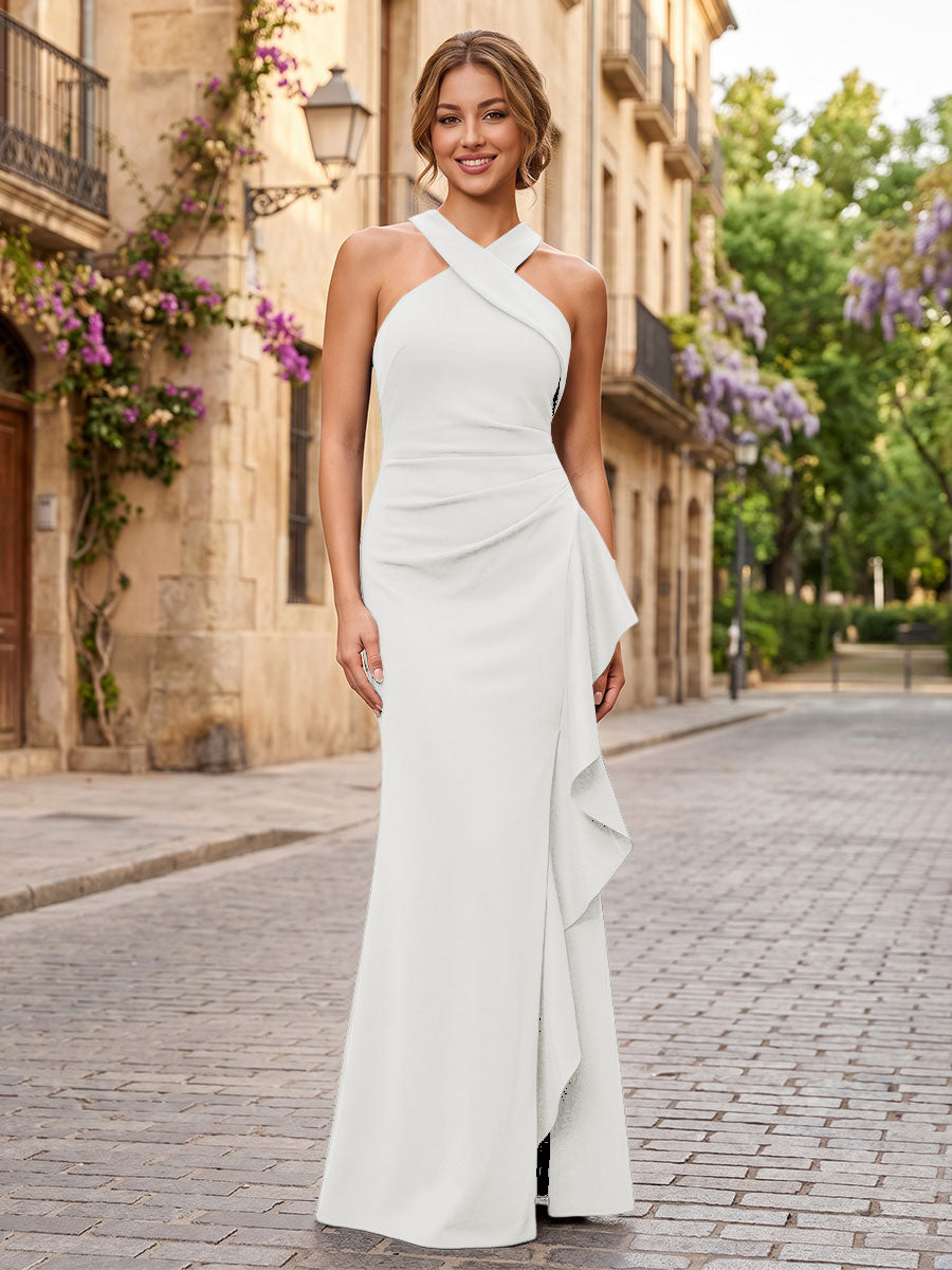 Satin Sheath/Column Halter Floor-Length Formal Dresses with Ruffles