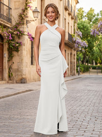 Satin Sheath/Column Halter Floor-Length Formal Dresses with Ruffles