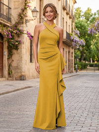 Satin Sheath/Column Halter Floor-Length Formal Dresses with Ruffles