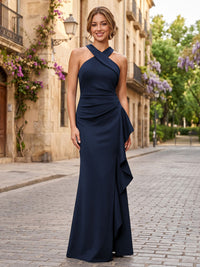 Satin Sheath/Column Halter Floor-Length Formal Dresses with Ruffles