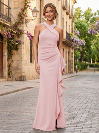 Satin Sheath/Column Halter Floor-Length Formal Dresses with Ruffles