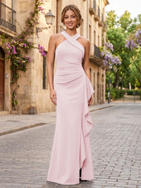 Satin Sheath/Column Halter Floor-Length Formal Dresses with Ruffles