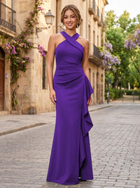 Satin Sheath/Column Halter Floor-Length Formal Dresses with Ruffles