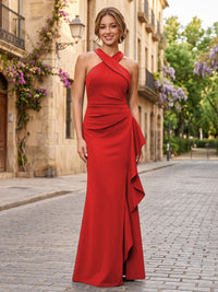 Satin Sheath/Column Halter Floor-Length Formal Dresses with Ruffles