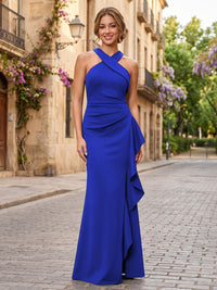 Satin Sheath/Column Halter Floor-Length Formal Dresses with Ruffles