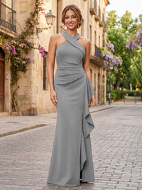 Satin Sheath/Column Halter Floor-Length Formal Dresses with Ruffles