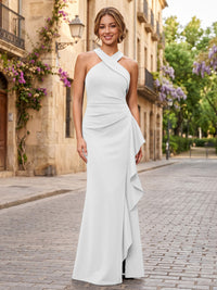 Satin Sheath/Column Halter Floor-Length Formal Dresses with Ruffles
