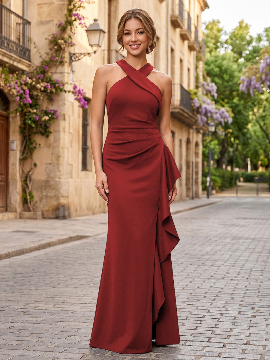 Satin Sheath/Column Halter Floor-Length Formal Dresses with Ruffles