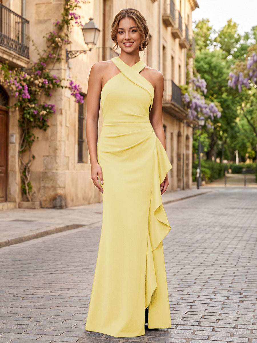 Satin Sheath/Column Halter Floor-Length Formal Dresses with Ruffles