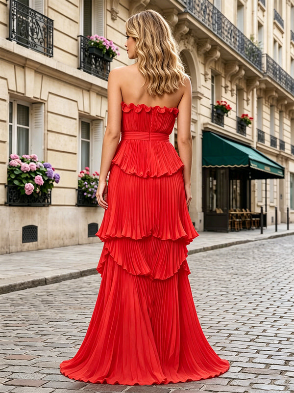 Chiffon Mermaid/Trumpet Strapless Floor-Length Formal Dresses with Tiered Layers & Pleats