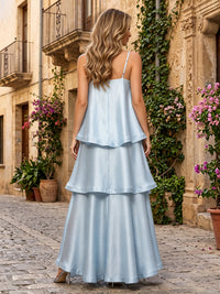 Satin A-Line/Princess Spaghetti Straps Floor-Length Formal Dresses with Tiered Layers