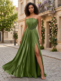 Chiffon A-Line/Princess Strapless Floor-Length Formal Dresses with Pleats & Slit