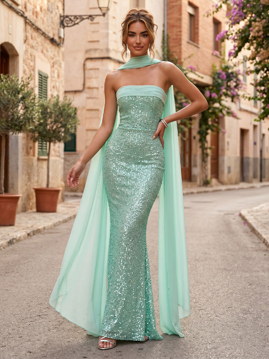 Sequin Sheath/Column Strapless Floor-Length Formal Dresses with Scarf
