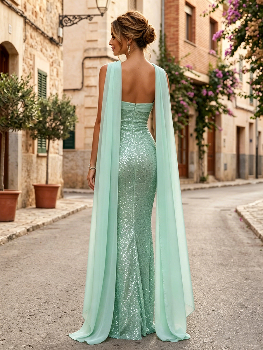 Sequin Sheath/Column Strapless Floor-Length Formal Dresses with Scarf