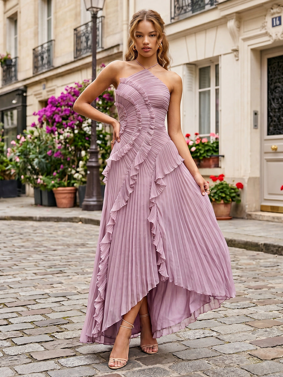 Chiffon A-Line/Princess Halter High-Low Formal Dresses with Pleats