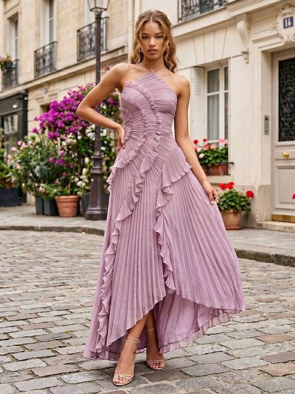 Chiffon A-Line/Princess Halter High-Low Formal Dresses with Pleats