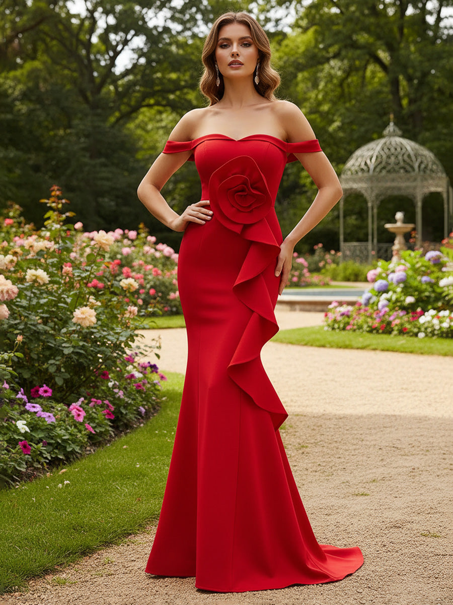 Satin Mermaid/Trumpet Off Shoulder Floor-Length Formal Dresses with Ruffles