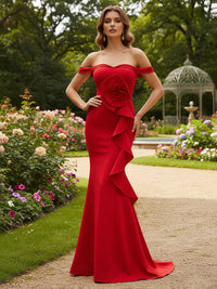 Satin Mermaid/Trumpet Off Shoulder Floor-Length Formal Dresses with Ruffles