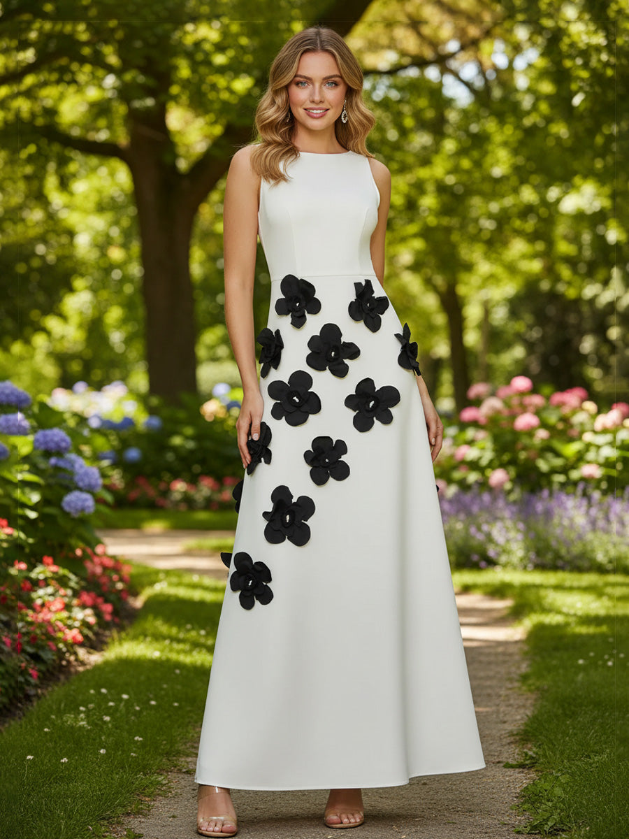 Satin A-Line/Princess Scoop Neck Floor-Length Formal Dresses with 3D Flowers