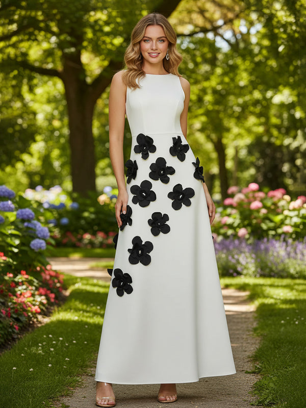 Satin A-Line/Princess Scoop Neck Floor-Length Formal Dresses with 3D Flowers