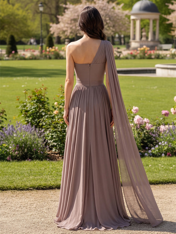 Chiffon A-Line/Princess One Shoulder Floor-Length Formal Dresses with Side Draped Sash