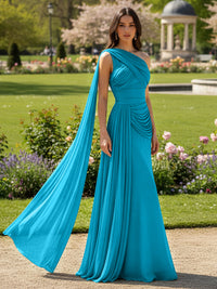 Chiffon A-Line/Princess One Shoulder Floor-Length Formal Dresses with Side Draped Sash