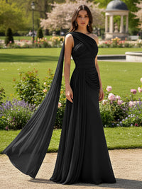 Chiffon A-Line/Princess One Shoulder Floor-Length Formal Dresses with Side Draped Sash