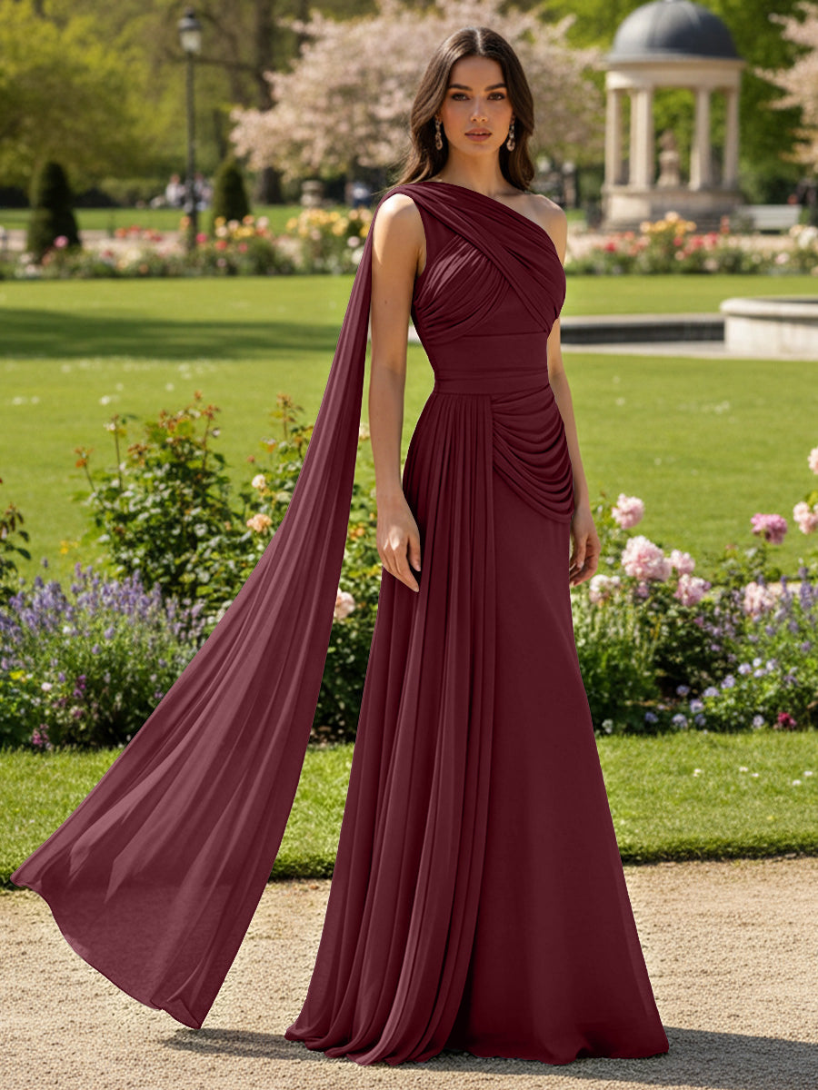 Chiffon A-Line/Princess One Shoulder Floor-Length Formal Dresses with Side Draped Sash
