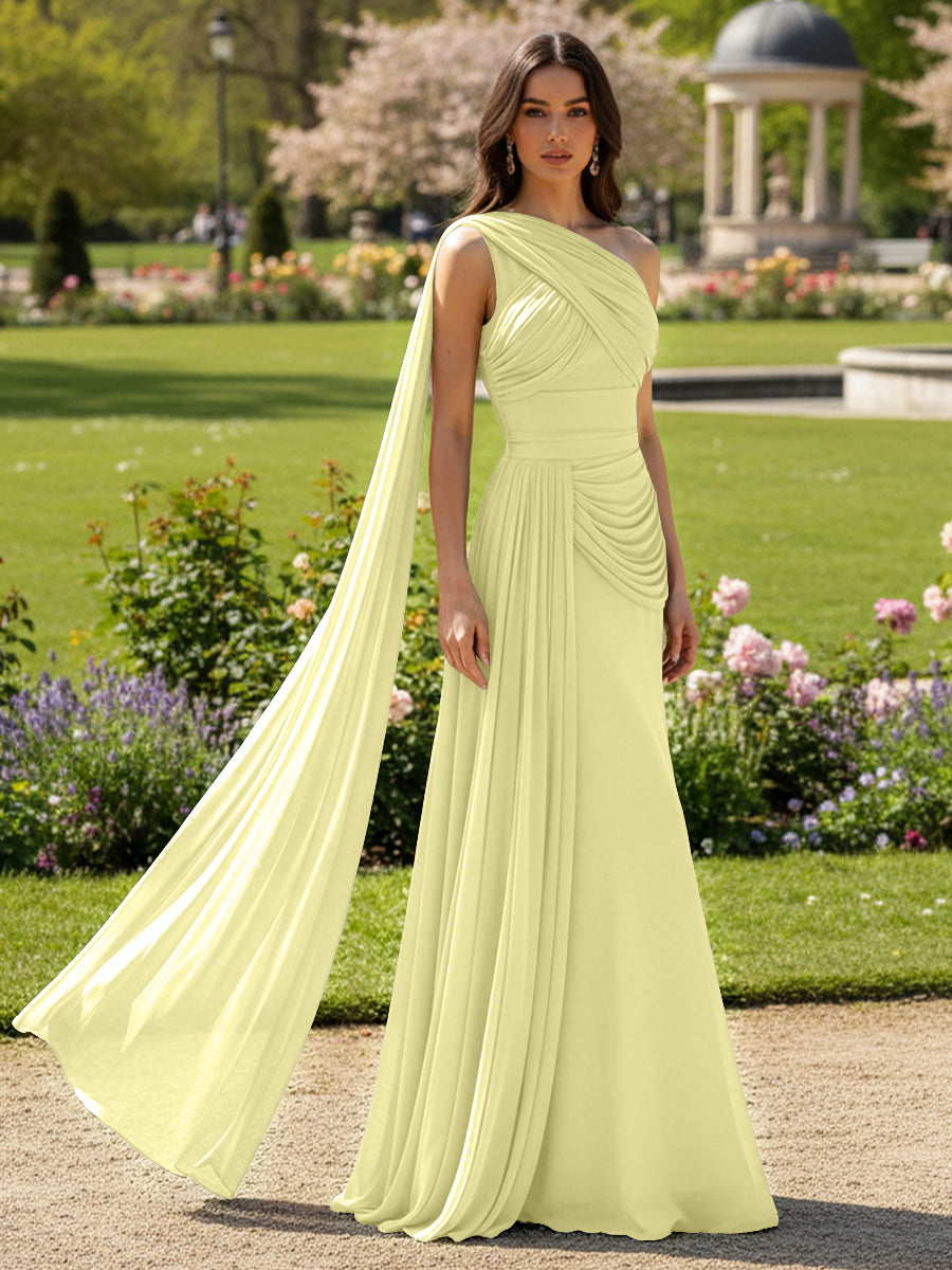 Chiffon A-Line/Princess One Shoulder Floor-Length Formal Dresses with Side Draped Sash