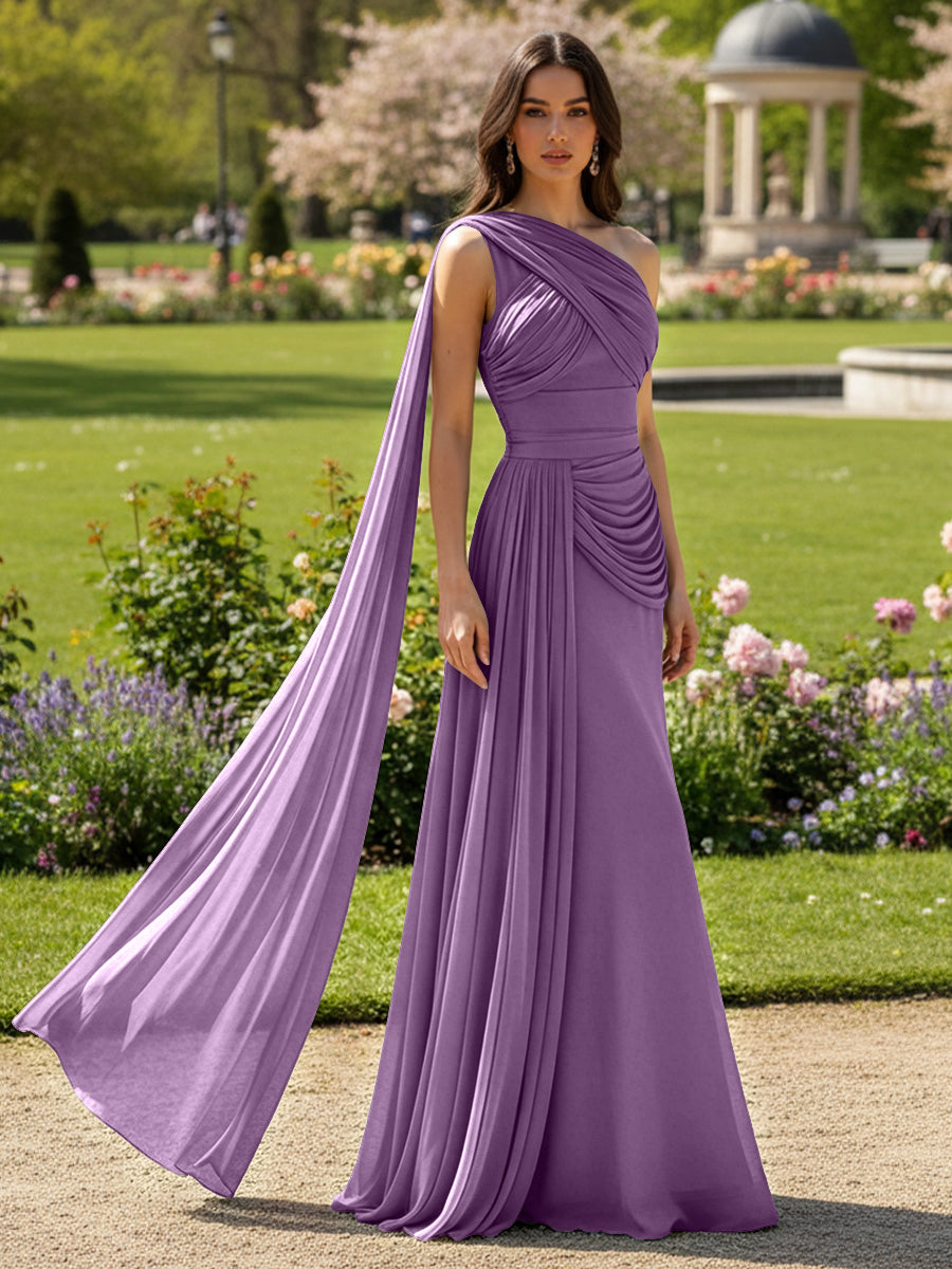 Chiffon A-Line/Princess One Shoulder Floor-Length Formal Dresses with Side Draped Sash