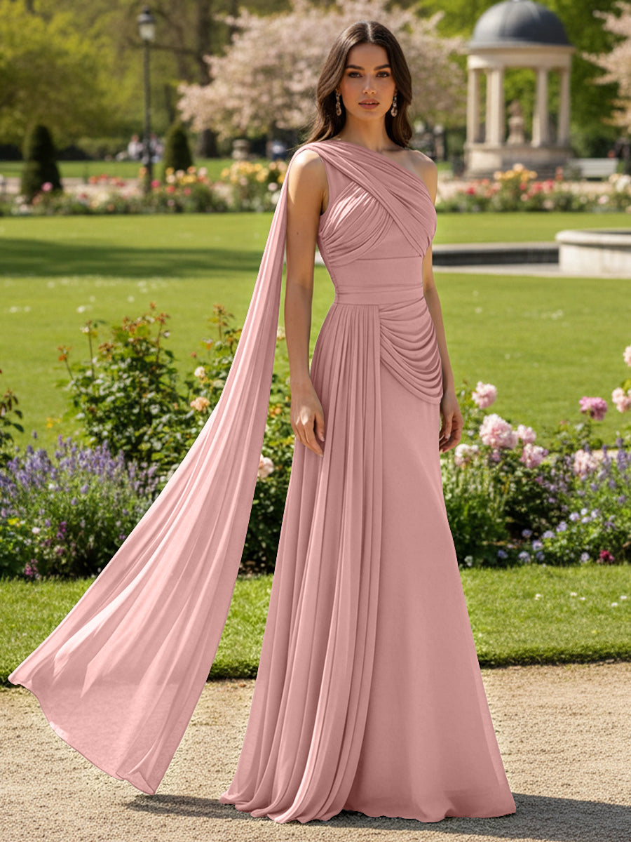 Chiffon A-Line/Princess One Shoulder Floor-Length Formal Dresses with Side Draped Sash