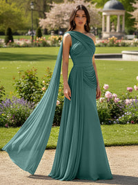 Chiffon A-Line/Princess One Shoulder Floor-Length Formal Dresses with Side Draped Sash
