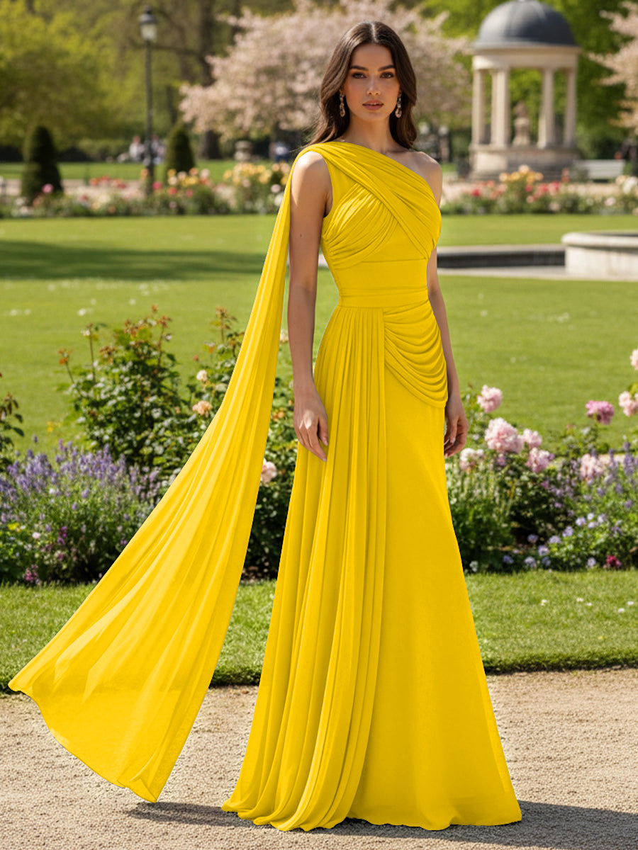 Chiffon A-Line/Princess One Shoulder Floor-Length Formal Dresses with Side Draped Sash