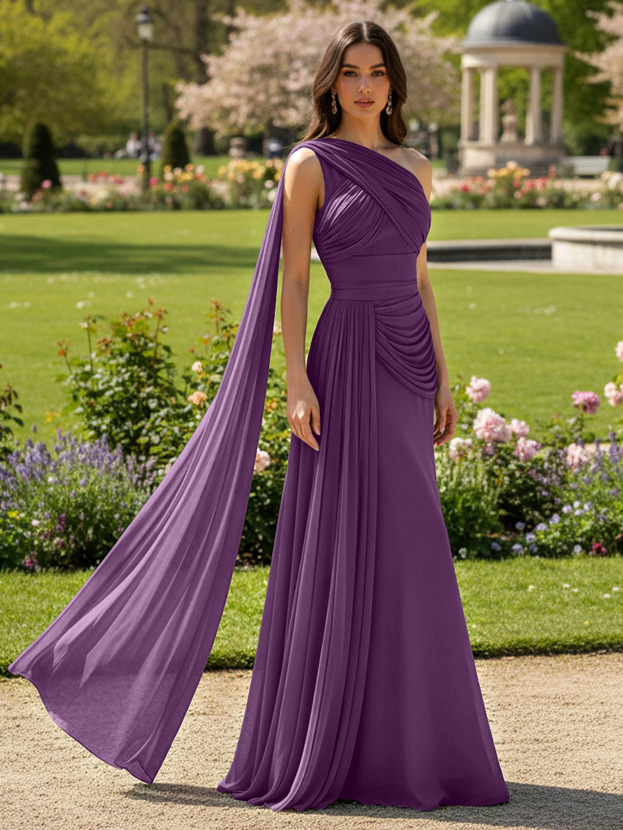 Chiffon A-Line/Princess One Shoulder Floor-Length Formal Dresses with Side Draped Sash