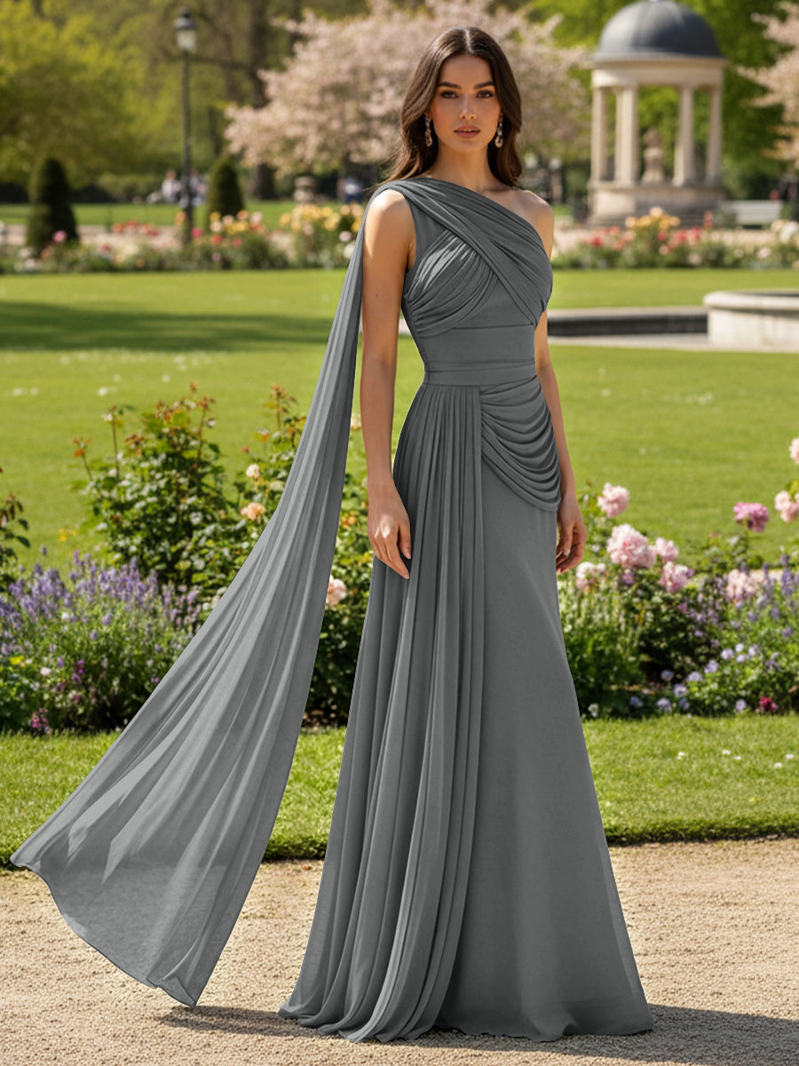 Chiffon A-Line/Princess One Shoulder Floor-Length Formal Dresses with Side Draped Sash