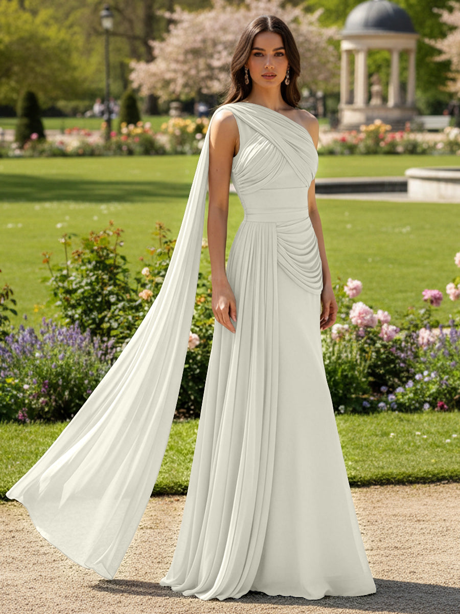 Chiffon A-Line/Princess One Shoulder Floor-Length Formal Dresses with Side Draped Sash