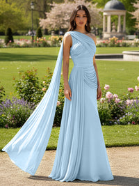 Chiffon A-Line/Princess One Shoulder Floor-Length Formal Dresses with Side Draped Sash