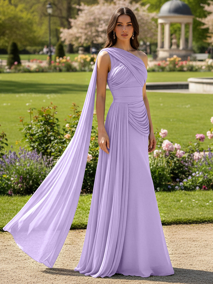 Chiffon A-Line/Princess One Shoulder Floor-Length Formal Dresses with Side Draped Sash