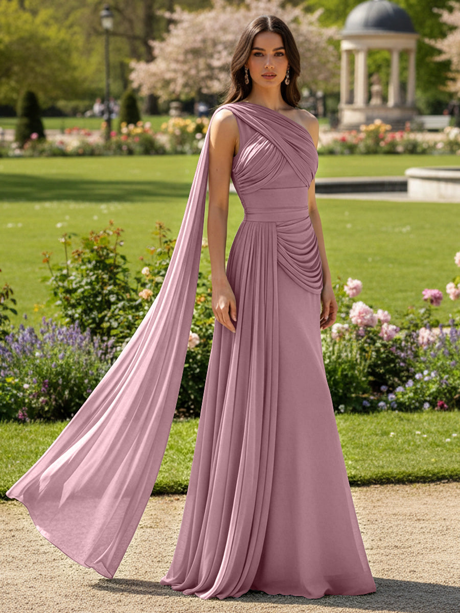Chiffon A-Line/Princess One Shoulder Floor-Length Formal Dresses with Side Draped Sash