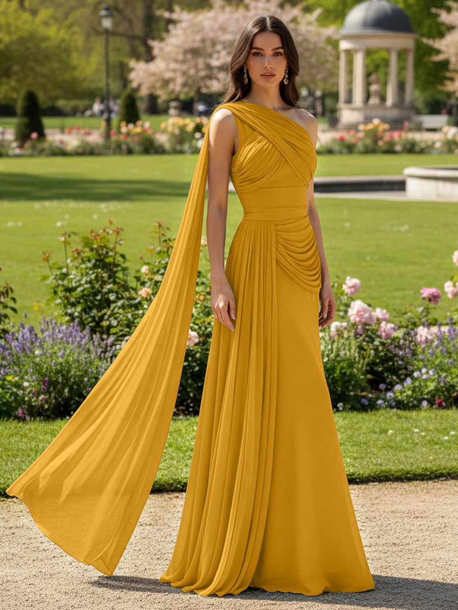 Chiffon A-Line/Princess One Shoulder Floor-Length Formal Dresses with Side Draped Sash