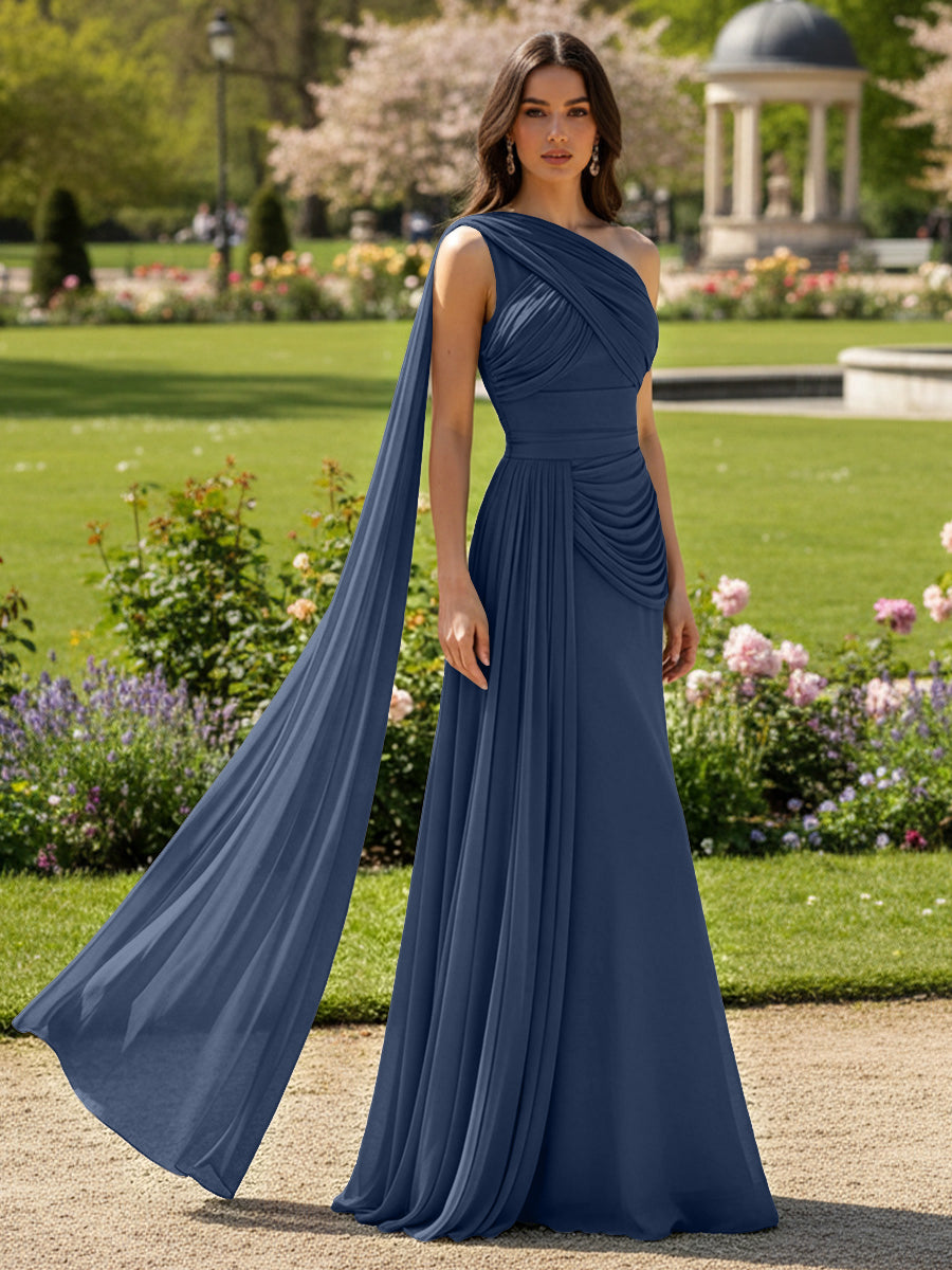Chiffon A-Line/Princess One Shoulder Floor-Length Formal Dresses with Side Draped Sash