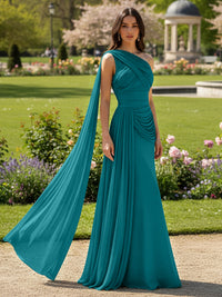 Chiffon A-Line/Princess One Shoulder Floor-Length Formal Dresses with Side Draped Sash
