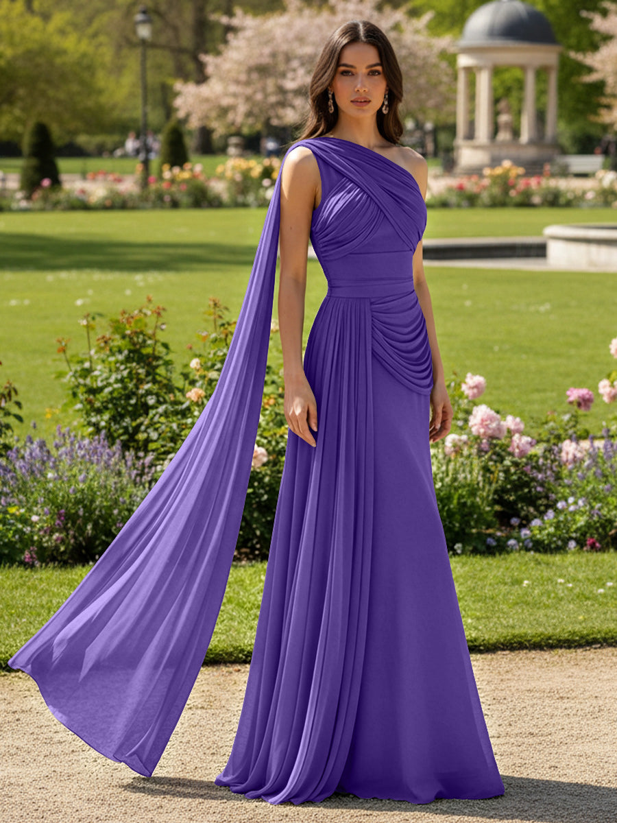 Chiffon A-Line/Princess One Shoulder Floor-Length Formal Dresses with Side Draped Sash